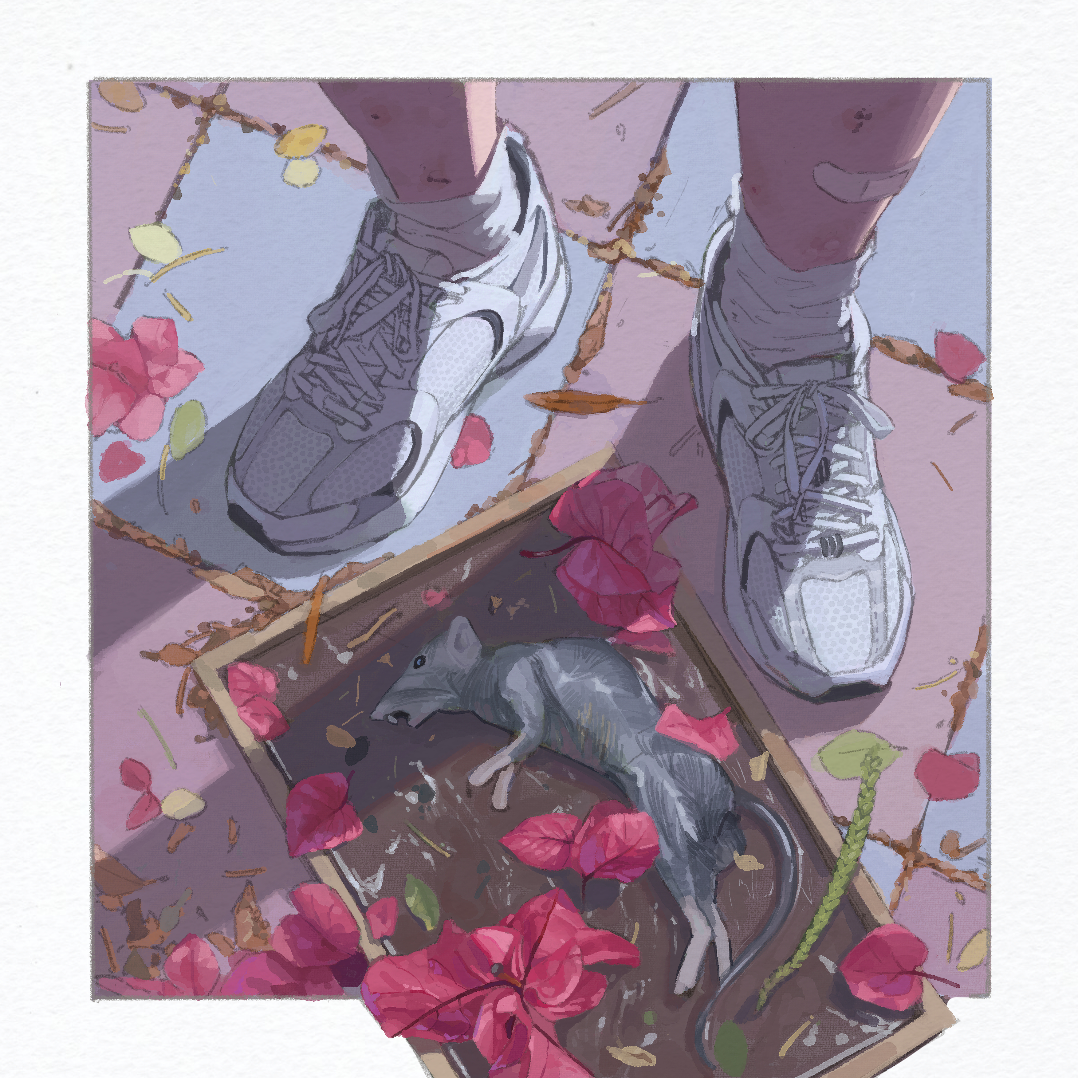 others (gogo-o), original, absurdres, commentary, english commentary, highres, 1girl, bandaid, bandaid on leg, border, dead animal, flower, from above, leaf, mouse (animal), mouse tail, shoes, tail, white border, white shoes