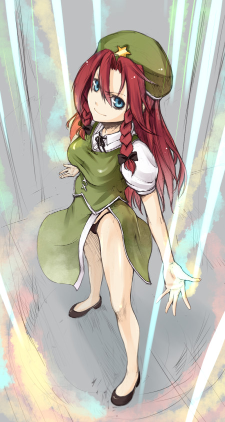 miya9, hong meiling, touhou, light, 1girl, blue eyes, breasts, female focus, full body, hat, long hair, panties, red hair, ribbon, skirt, solo, underwear