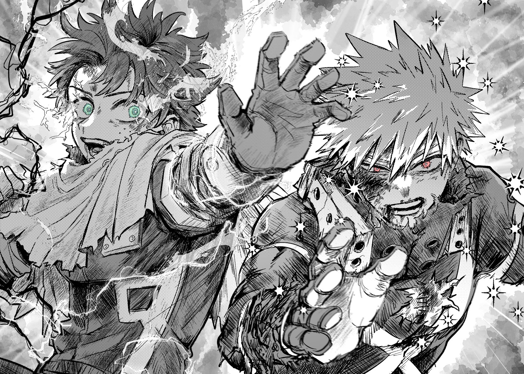 bakugou katsuki, midoriya izuku, boku no hero academia, highres, 2boys, black whip (boku no hero academia), bruise, bruise on chest, bruise on face, cape, gloves, green eyes, greyscale, injury, looking at viewer, male focus, monochrome, multiple boys, red eyes, short hair, spiked hair, spot color, superhero costume, torn cape, torn clothes, upper body, watteru22