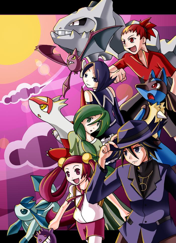 endless whispers, buck (pokemon), cheryl (pokemon), crobat, gengar, glaceon, latias, lucario, marley (pokemon), mira (pokemon), riley (pokemon), steelix, nintendo, pokemon, 00s, 2boys, 3girls, black eyes, black hair, blue eyes, doll, gen 1 pokemon, gen 2 pokemon, gen 3 pokemon, gen 4 pokemon, green eyes, green hair, legendary pokemon, long hair, multiple boys, multiple girls, pink eyes, pink hair, pokemon (creature), red eyes, red hair, short hair, stuffed toy