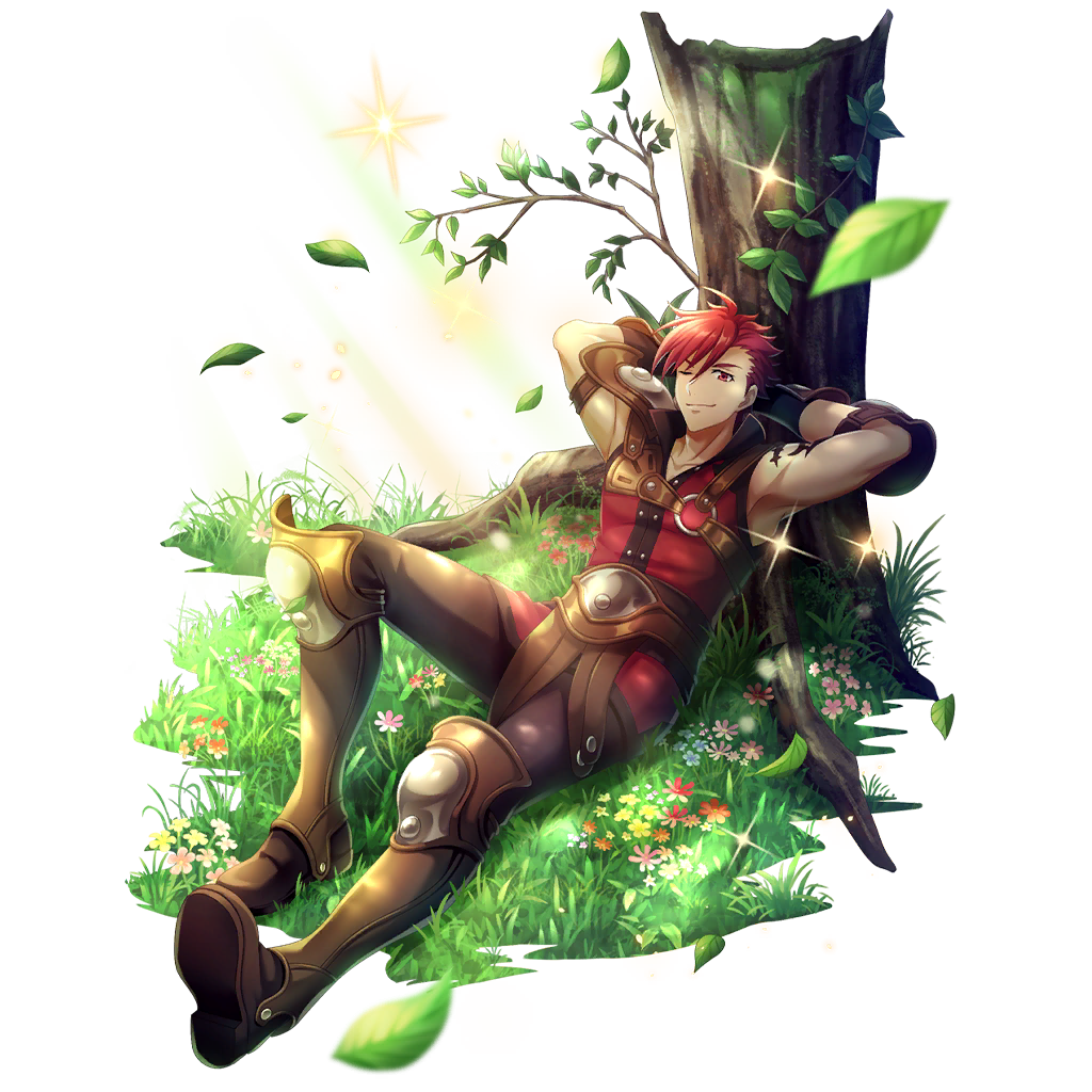 l'arc berg sickle, tate no yuusha no nariagari, tate no yuusha no nariagari rerise, artist request, game cg, official art, 1boy, arm tattoo, armor, armpits, arms behind head, black shirt, branch, brown armor, brown gloves, brown pants, closed mouth, day, elbow gloves, falling leaves, full body, gloves, grass, greaves, grey armor, hair between eyes, knee up, leaf, leather loincloth, light particles, loincloth, looking at viewer, lying, male focus, messy hair, on back, on grass, one eye closed, outdoors, pants, pauldrons, poleyn, red eyes, red hair, red shirt, shin guards, shirt, short hair, shoulder armor, simple background, single pauldron, sleeveless, sleeveless shirt, smile, solo, sparkle, straight-on, sunlight, swept bangs, tattoo, transparent background, tree, two-tone armor, two-tone shirt, underwear, v-shaped eyebrows