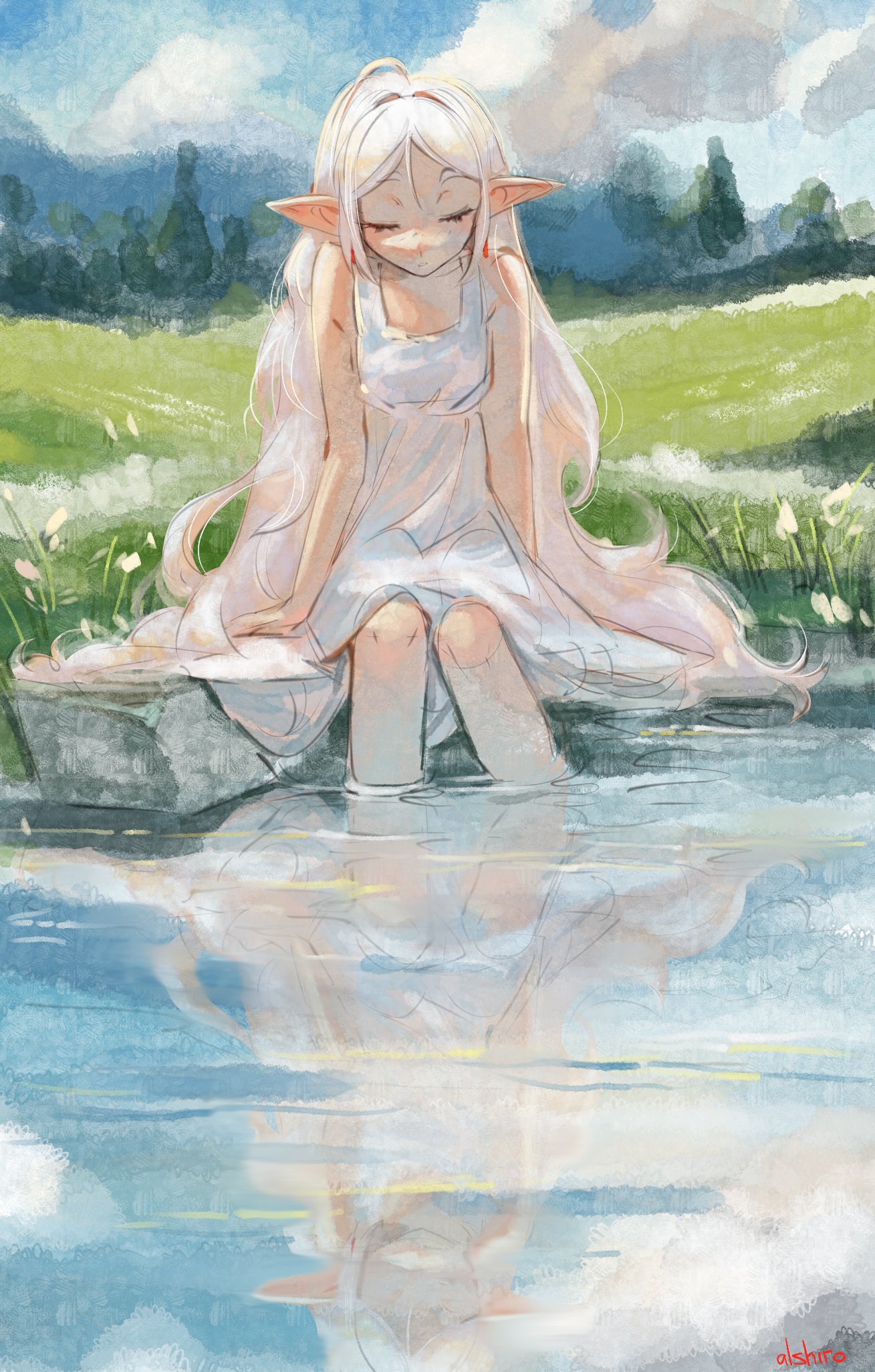 frieren, sousou no frieren, highres, 1girl, bare arms, bare shoulders, blue sky, closed eyes, closed mouth, cloud, day, dress, flat chest, forest, grass, long hair, nature, olenina shiro, pointy ears, sitting, sky, soaking feet, solo, tree, white dress, white hair