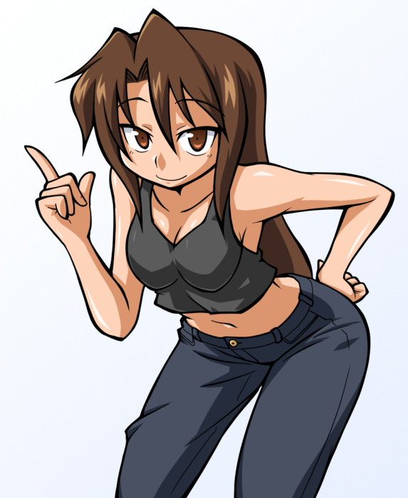 chiki (chikibw), original, bad id, bad pixiv id, 1girl, bent over, breasts, brown eyes, brown hair, casual, denim, female focus, hand on own hip, hands on own hips, hip focus, jeans, large breasts, leaning forward, long hair, midriff, navel, pants, solo, tank top