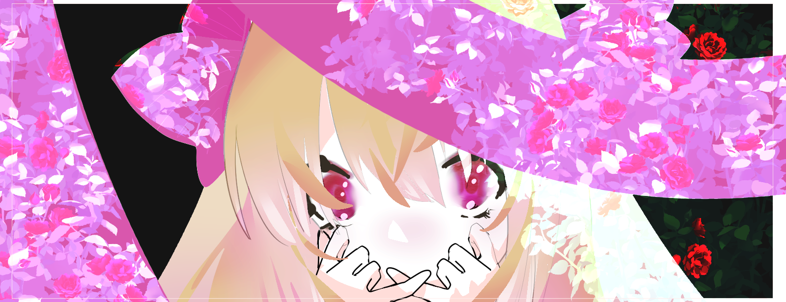 chaos marie (grimms notes), grimms notes, unfinished, 1girl, blonde hair, close-up, hair between eyes, hair ribbon, hands up, long hair, pink eyes, pink ribbon, ribbon, solo, zzzcat