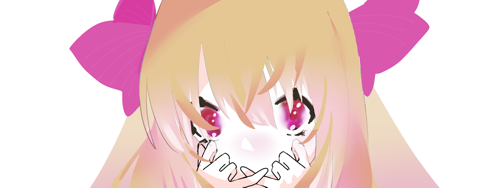 chaos marie (grimms notes), grimms notes, unfinished, 1girl, blonde hair, close-up, hair between eyes, hair ribbon, hands up, long hair, pink eyes, pink ribbon, ribbon, simple background, solo, white background, zzzcat