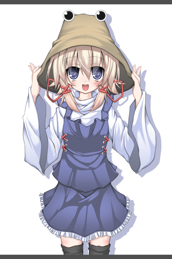 futase hijiri, moriya suwako, touhou, 1girl, black thighhighs, fang, female focus, hat, solo, thighhighs