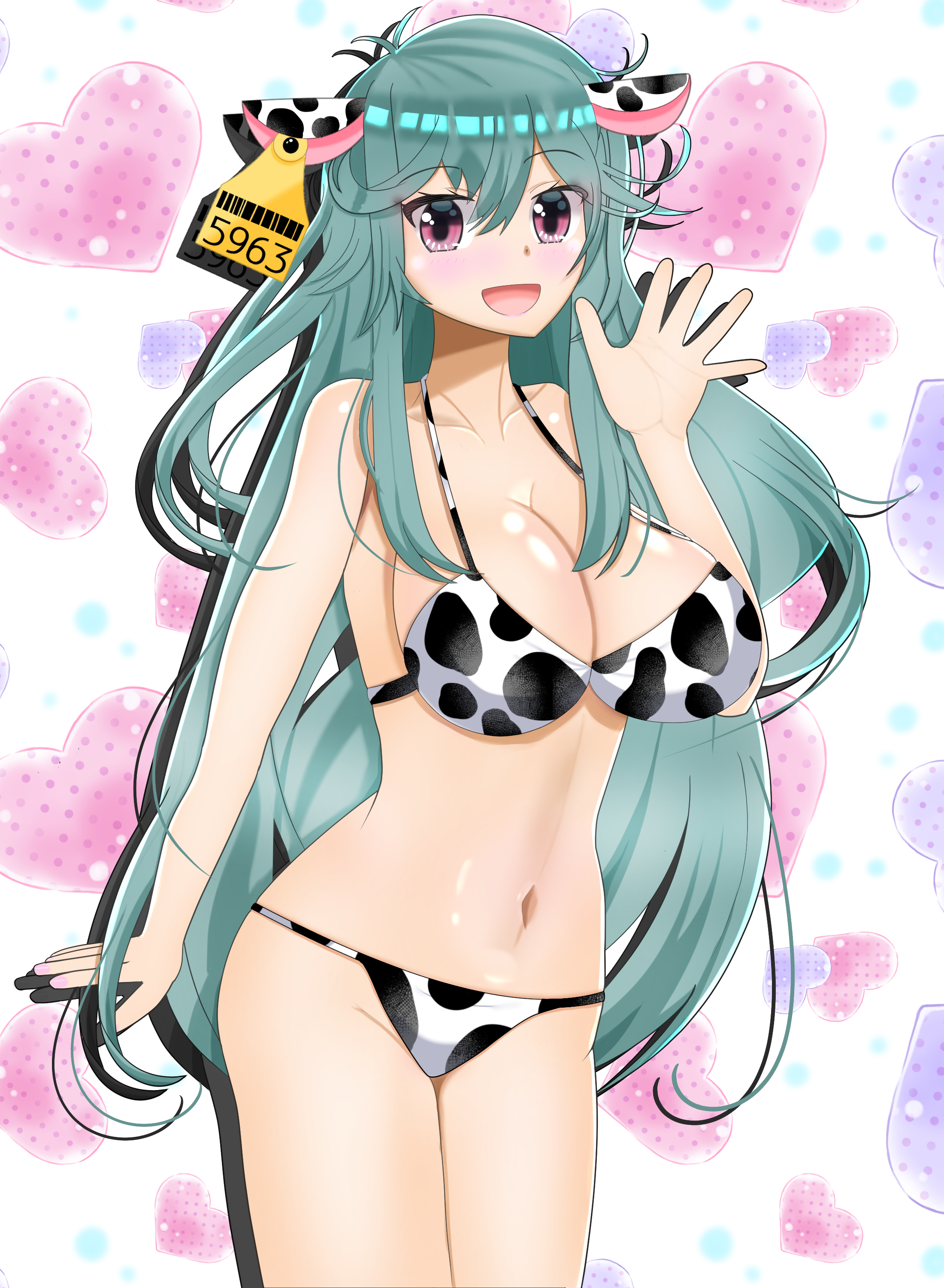 chaos aurora (grimms notes), grimms notes, 1girl, aqua hair, blush, collarbone, cowboy shot, hair between eyes, heart, kasukabe potato, long hair, looking at viewer, messy hair, navel, open mouth, pink eyes, smile, solo