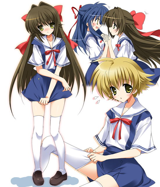 paco, sagara misae, shima katsuki, clannad, clannad after story, 00s, 1boy, 2girls, blonde hair, blue hair, brown hair, crossdressing, hair ribbon, holding hands, long hair, multiple girls, ribbon, school uniform, shoes, thighhighs, trap, yellow eyes