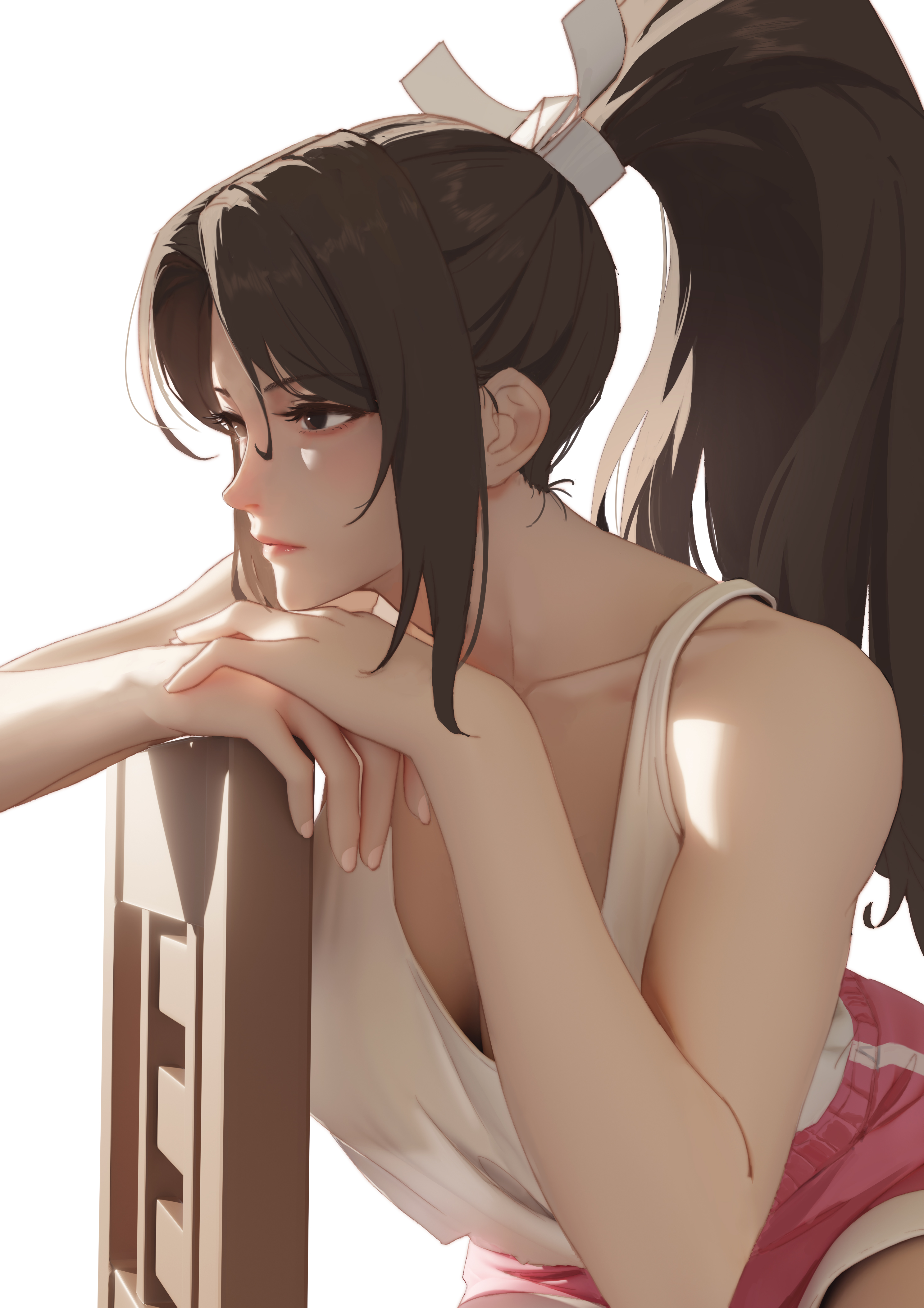 shiranui mai, street fighter, street fighter 6, absurdres, commentary request, highres, 1girl, 512081532, brown eyes, brown hair, casual, chair, closed mouth, collarbone, eyelashes, fingernails, lips, long hair, official alternate costume, pink shorts, ponytail, shirt, shorts, simple background, solo, tank top, white background, white shirt, white tank top
