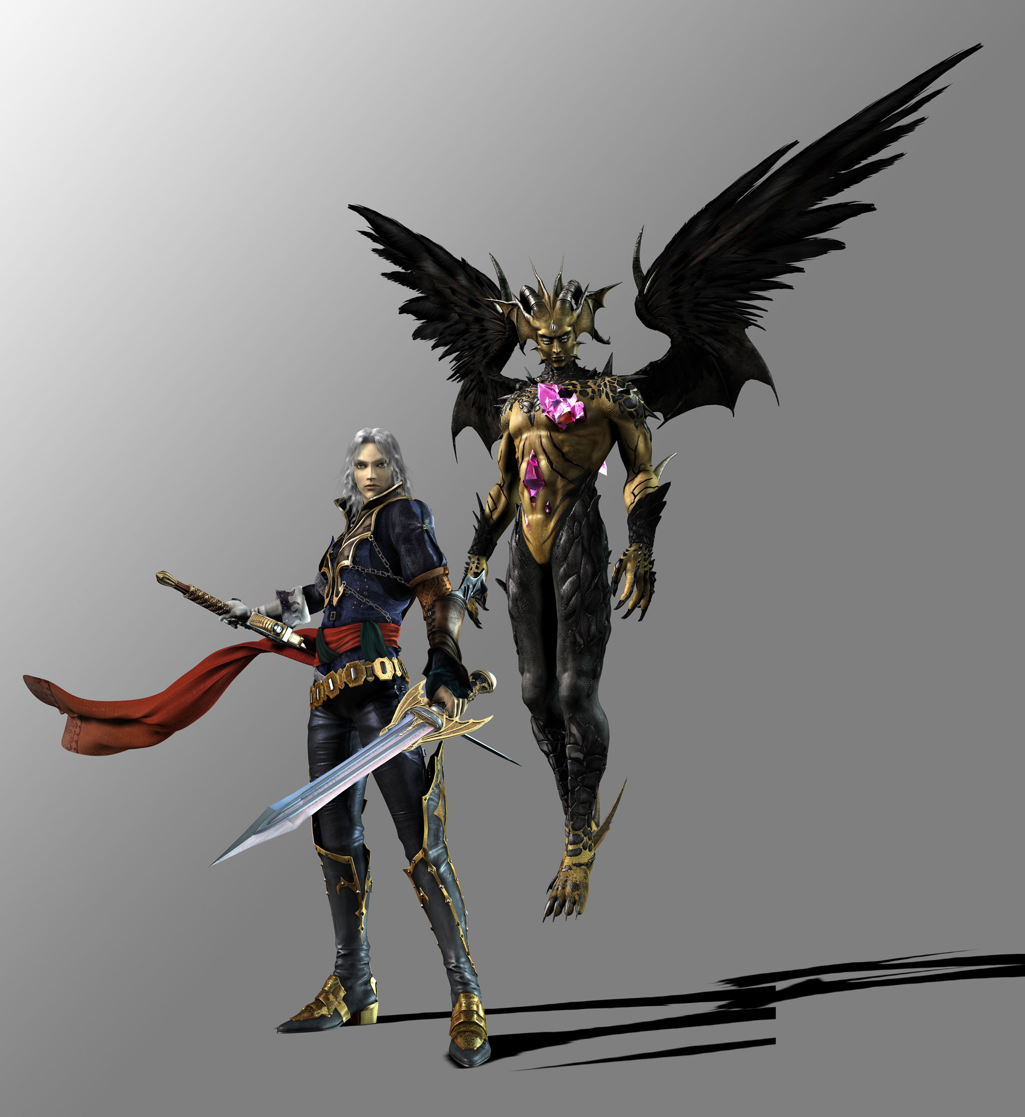 hector (castlevania), innocent devil, castlevania: curse of darkness, castlevania (series), highres, official art, 2boys, 3d, demon, male focus, multiple boys, sword, weapon, white hair, wings
