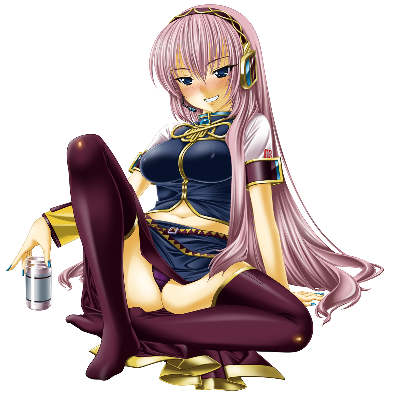 kai yuuki, megurine luka, vocaloid, bad id, bad pixiv id, derivative work, highres, 1girl, blue eyes, blue nails, blush, drinking, female focus, long hair, nail polish, panties, pink hair, purple panties, solo, spread legs, thighhighs, underwear