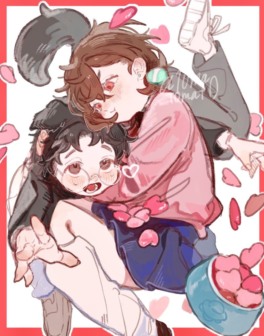 10matomat0, ayase momo, takakura ken (dandadan), dandadan, 1boy, 1girl, animal ears, arms around neck, black hair, black jacket, black pants, blue skirt, blush, border, bowl, brown eyes, brown hair, brown shoes, couple, crossed bangs, dog ears, dog tail, flying saucer, furrowed brow, gakuran, glasses, hair between eyes, hetero, jacket, kemonomimi mode, loafers, loose socks, medium hair, nervous sweating, open mouth, pants, parted bangs, pet bowl, pink sweater, pleated skirt, red border, red eyes, round eyewear, school uniform, shoes, short hair, sketch, skirt, sneakers, socks, spacecraft, sweat, sweatdrop, sweater, tail, white background, white shoes