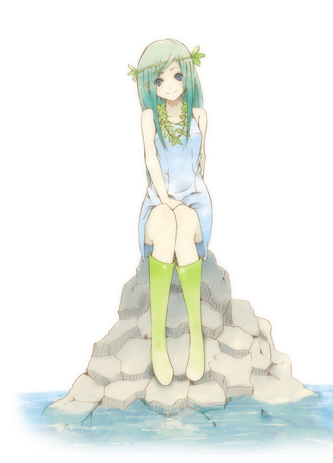 hrd, 1girl, blue dress, blue eyes, boots, dress, female focus, green boots, green hair, jewelry, looking at viewer, necklace, rock, rubber boots, simple background, sitting, smile, solo, water, white background