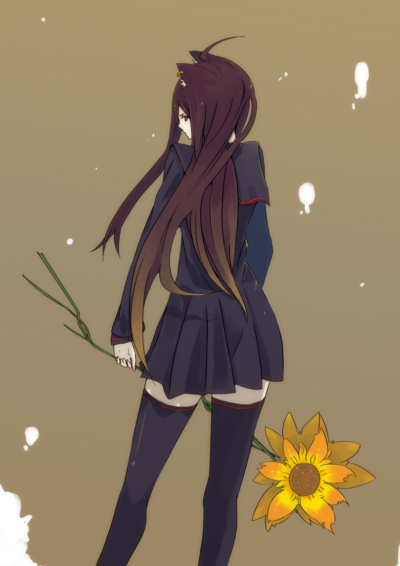 hrd, bad id, bad pixiv id, animal ears, brown hair, earrings, flower, jewelry, long hair, looking back, school uniform, solo, thighhighs