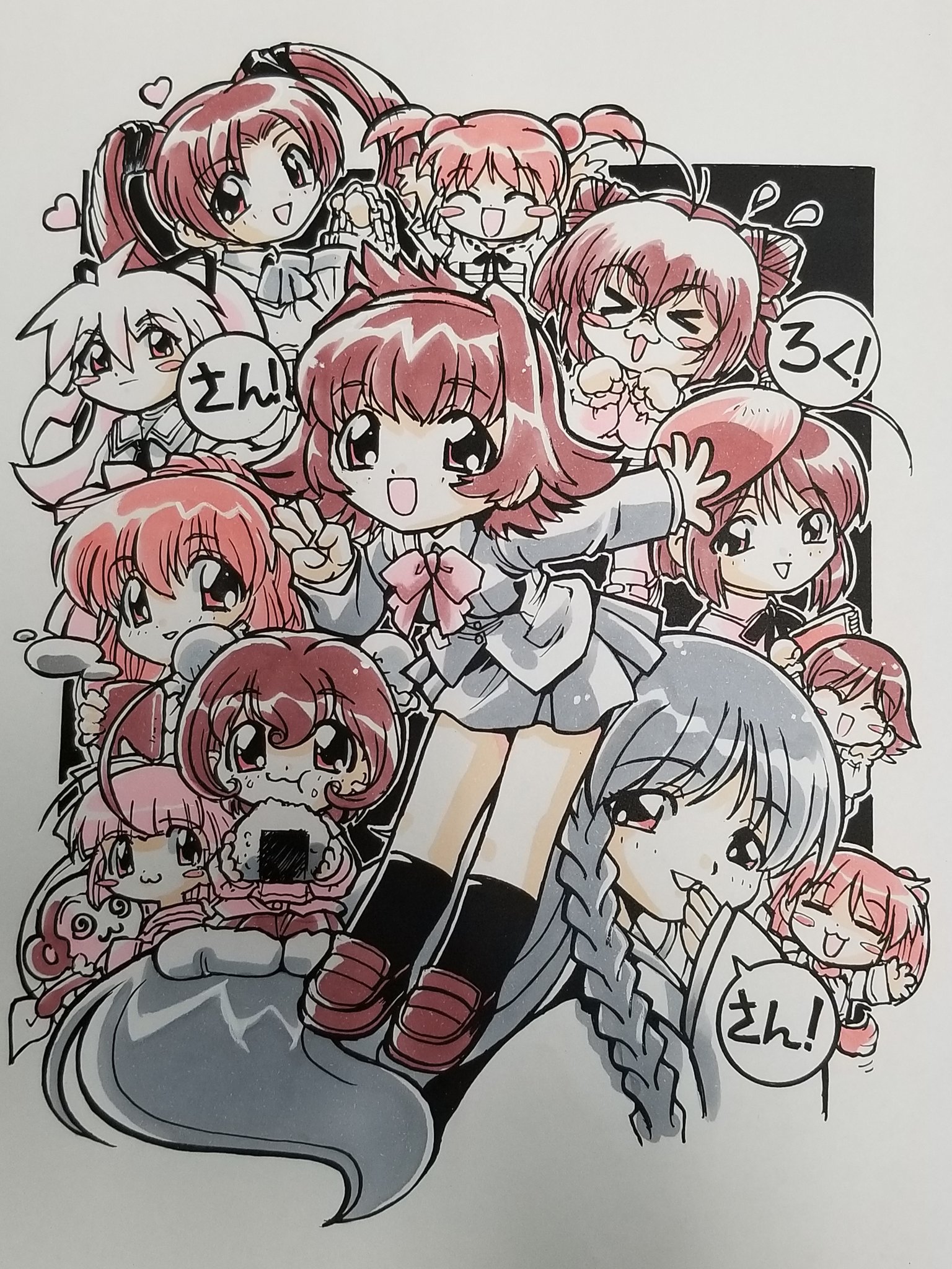 kokomahi, hamster no kurumi, hebi no yuki, inko no tsubasa, inu no nana, kaeru no ruru, kame no ayumi, kingyo no ran, kitsune no akane, neko no tamami, saru no momo, tanuki no midori, usagi no mika, tenshi no shippo, commentary, highres, traditional media, > <, 6+girls, :3, :t, ahoge, beret, bow, bowtie, braid, braided sidelock, bun cover, chibi, closed mouth, cone hair bun, cup, double bun, eating, everyone, flying sweatdrops, food, food on face, glasses, hair between eyes, hair bun, hair ribbon, hairband, hand to own mouth, hat, heart, holding, holding cup, jacket, loafers, long hair, long sleeves, looking at viewer, medium hair, middle w, monkey, monochrome, multiple girls, neck ribbon, onigiri, open mouth, parted lips, pleated skirt, red theme, ribbon, round eyewear, school uniform, shoes, short hair, skirt, sleeves past wrists, smile, socks, speech bubble, thighhighs, twintails, w