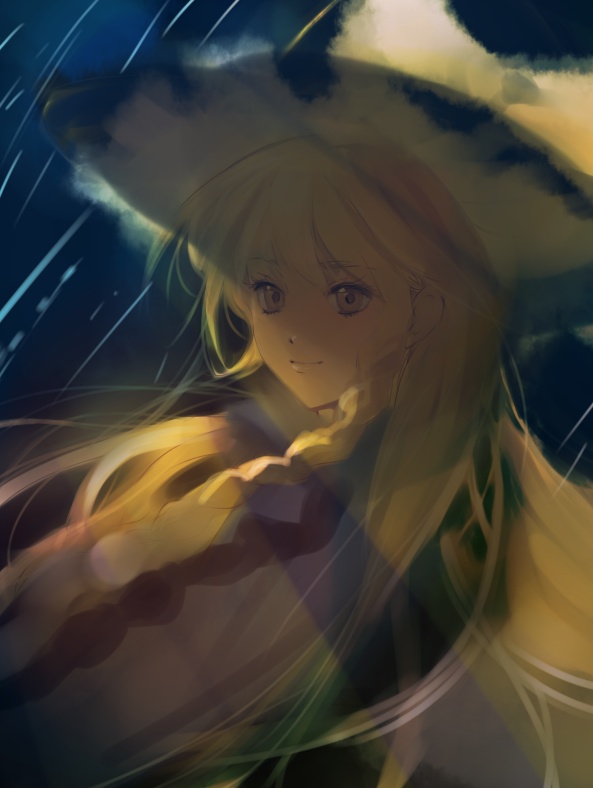 umishima senbon, kirisame marisa, touhou, bad id, bad pixiv id, 1girl, blonde hair, braid, female focus, gradient background, hat, looking back, smile, solo, witch, witch hat, yellow eyes