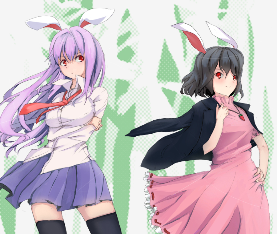 shiina maru, shiina maru (pixiv), inaba tewi, reisen udongein inaba, touhou, light purple hair, bad id, bad pixiv id, 2girls, aged up, animal ears, brown hair, dress, female focus, frills, long hair, multiple girls, necktie, rabbit ears, red eyes, red necktie, school uniform, short hair, skirt, thighhighs, wind