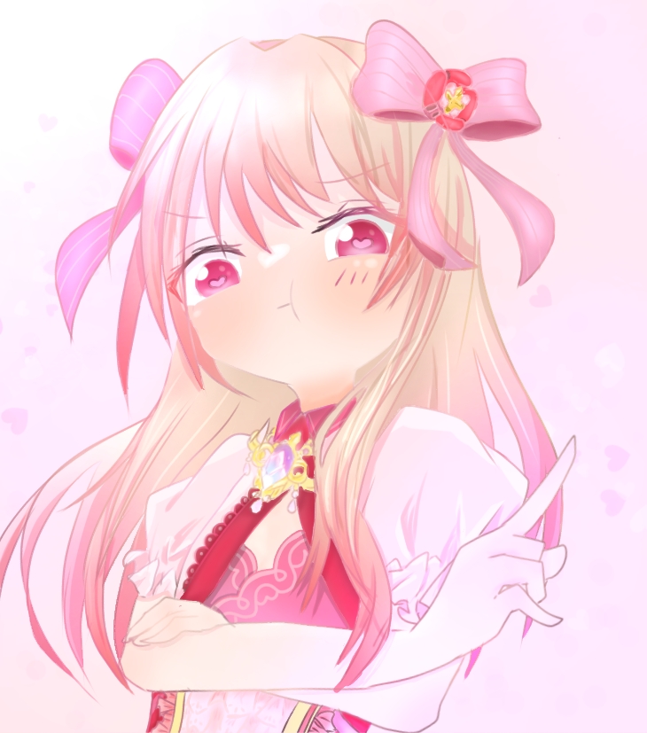 chaos marie (grimms notes), grimms notes, bad id, bad pixiv id, 1girl, blonde hair, cleavage cutout, closed mouth, clothing cutout, crossed arms, hair ribbon, long hair, looking at viewer, pink ribbon, pout, puffy short sleeves, puffy sleeves, ribbon, short sleeves, solo, upper body, user crce5337