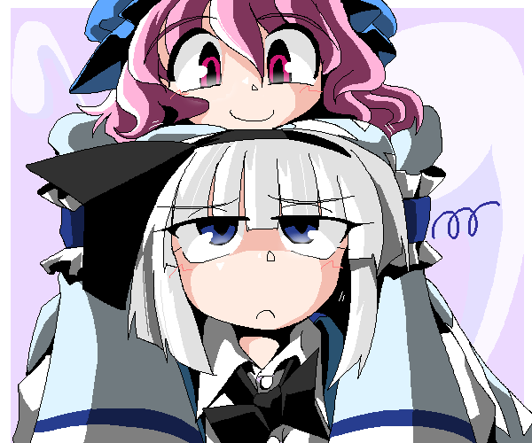 kieyza, kiezya, konpaku youmu, konpaku youmu (ghost), saigyouji yuyuko, touhou, silver hair, 2girls, blue eyes, female focus, hat, hitodama, multiple girls, pink eyes, pink hair