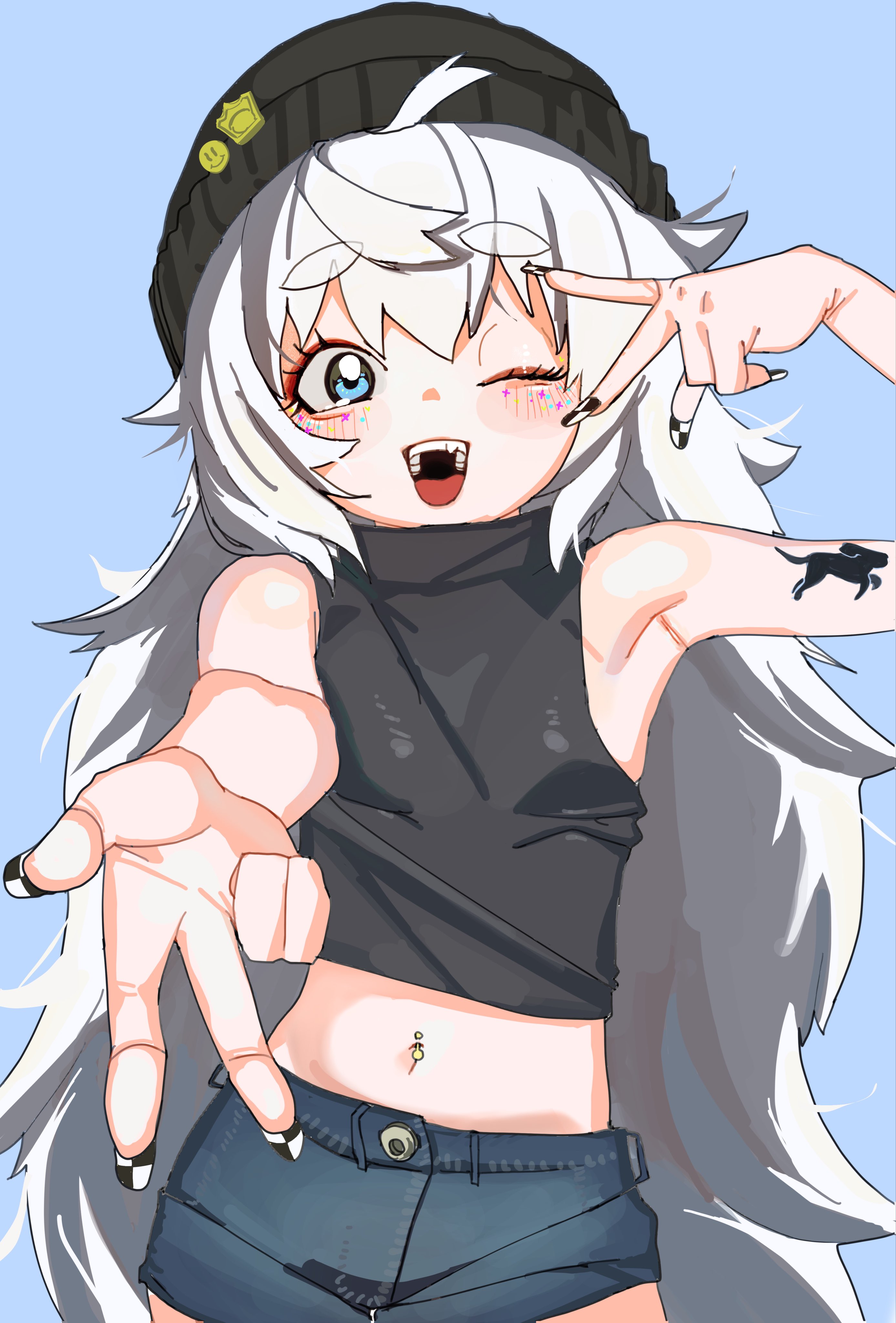 yuzushouko, poli (nikke), goddess of victory: nikke, fluffy hair, absurdres, highres, 1girl, ahoge, arm tattoo, armpits, beanie, black hat, black shirt, blue background, blue eyes, blush, cowboy shot, denim, denim shorts, fang, fingernails, grey hair, gyaru v, happy, hat, long fingernails, long hair, looking at viewer, nail polish, navel, navel piercing, one eye closed, open mouth, piercing, shirt, short eyebrows, shorts, sleeveless, sleeveless shirt, solo, standing, tattoo, teeth, turtleneck, turtleneck shirt, v, very long hair