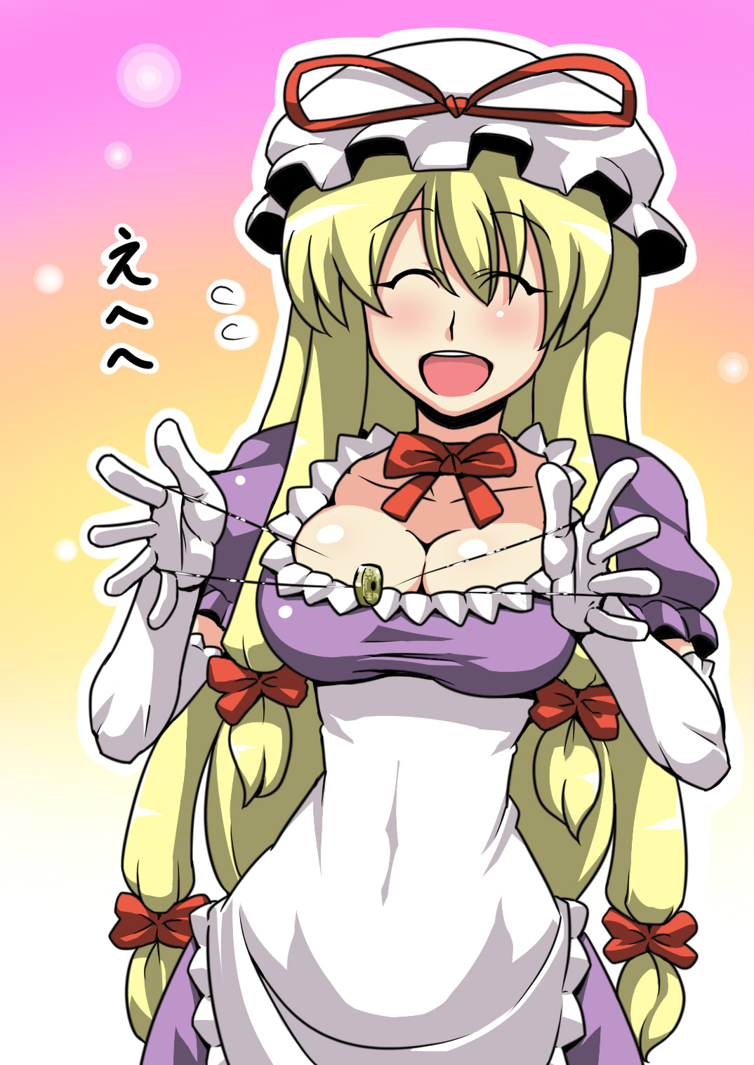 tukiwani, yakumo yukari, touhou, highres, 1girl, breasts, cleavage, dress, elbow gloves, female focus, gloves, gradient background, hat, large breasts, solo, white background