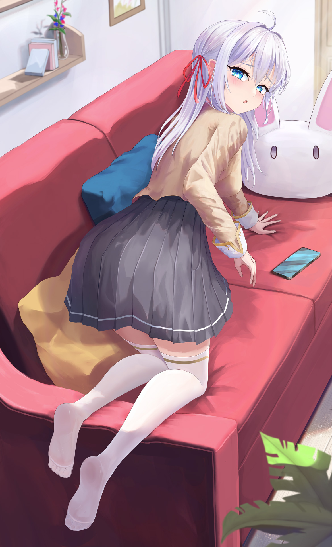 alisa mikhailovna kujou, tokidoki bosotto roshia-go de dereru tonari no alya-san, commentary, highres, variant set, 1girl, :o, ahoge, all fours, black skirt, blue eyes, blush, cellphone, couch, dutch angle, eyelashes, feet, from behind, full body, furrowed brow, hair between eyes, hair intakes, hair over shoulder, hair ribbon, indoors, long hair, long sleeves, looking at viewer, looking back, no shoes, on couch, open mouth, phone, pleated skirt, red ribbon, ribbon, shirt, sidelocks, skirt, smartphone, soles, solo, straight hair, thighhighs, toes, user 3504221, white hair, white thighhighs, yellow shirt, zettai ryouiki