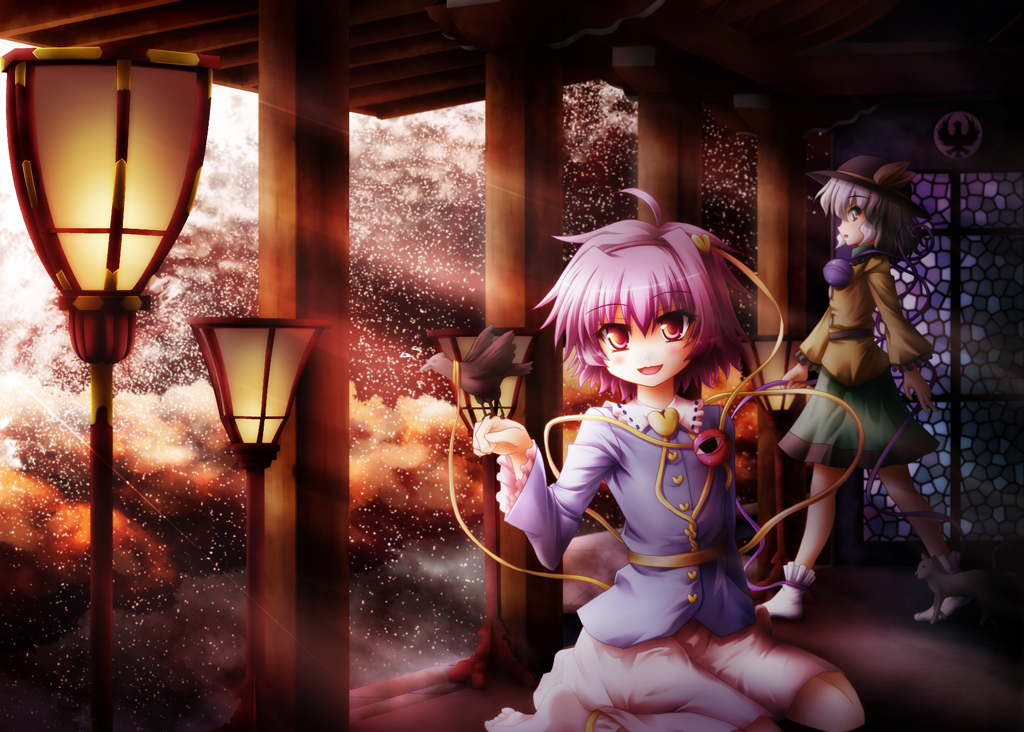 akashio (loli ace), komeiji koishi, komeiji satori, touhou, light purple hair, 2girls, female focus, kneeling, multiple girls, ribbon, short hair, siblings, sisters