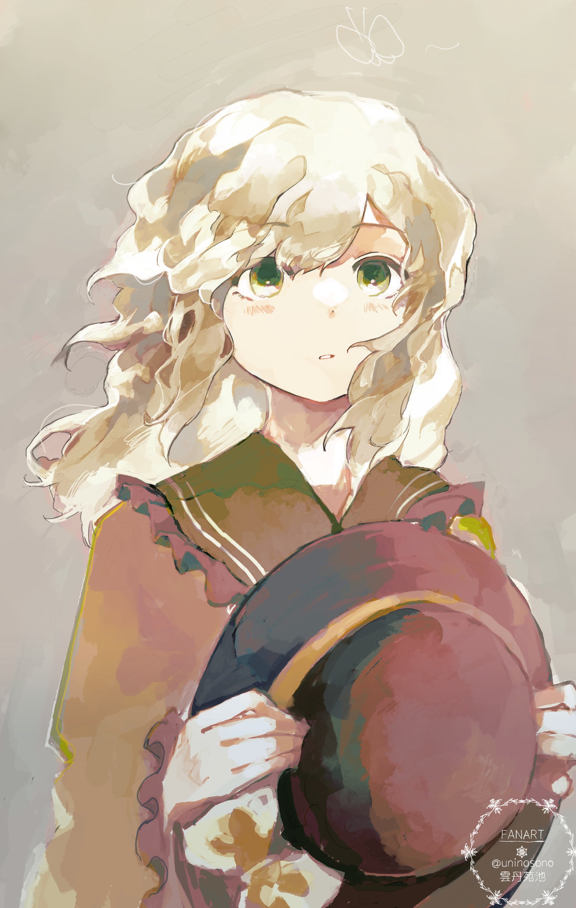 uninosono, komeiji koishi, subterranean animism, touhou, fluffy hair, absurdres, highres, 1girl, analogous colors, floating hair, frilled shirt collar, frills, green eyes, hat, holding, holding unworn clothes, holding unworn hat, light blush, looking up, medium hair, painterly, parted lips, simple background, solo, unworn hat, unworn headwear, upper body, wavy hair, white hair