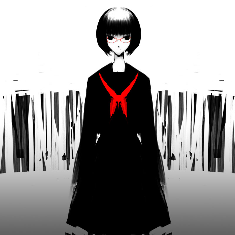 emukami, 1girl, black hair, female focus, glasses, monochrome, pale skin, school uniform, short hair, solo, spot color