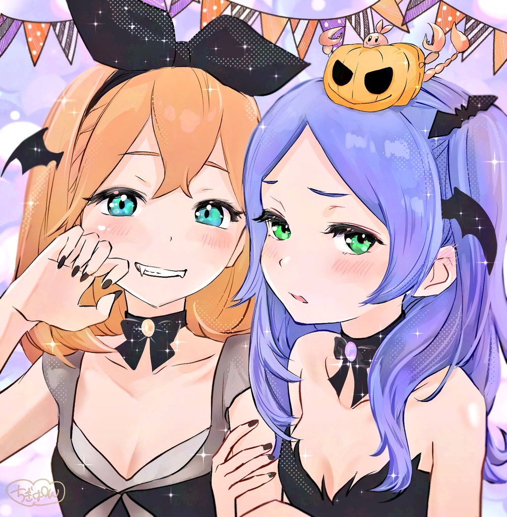 meili portroute, petra leyte, re:zero kara hajimeru isekai seikatsu, 2girls, anpon aji, bat hair ornament, black dress, blue eyes, blue hair, blush, dress, fang, green eyes, hair ornament, halloween, halloween costume, holding, multiple girls, red hair, side ponytail, smile