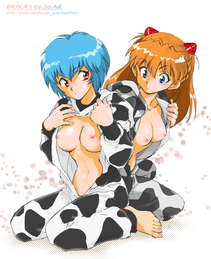 shibata masahiro, ayanami rei, souryuu asuka langley, neon genesis evangelion, 00s, 2009, 2girls, animal costume, animal print, barefoot, blue eyes, blue hair, breast envy, breasts, cow costume, cow girl, cow print, feet, full body, hairpods, long hair, looking at breasts, medium breasts, multiple girls, navel, new year, nipples, open clothes, open shirt, orange hair, red eyes, shirt, short hair, sitting, small areolae, small breasts, small nipples, wariza