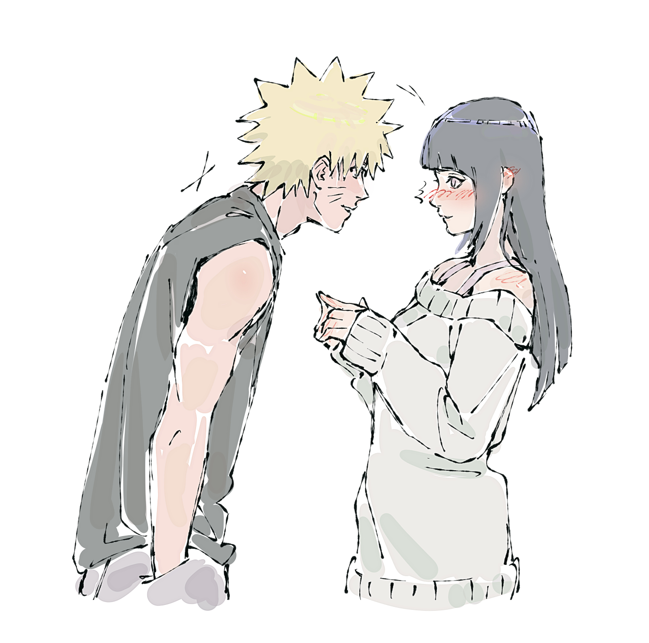 beerenfuchs, hyuuga hinata, uzumaki naruto, naruto (series), naruto shippuuden, commentary, english commentary, highres, 1boy, 1girl, black hair, black shirt, blonde hair, blunt bangs, blush, facial mark, hands in pockets, hime cut, index fingers together, off-shoulder sweater, off shoulder, pink eyes, shirt, sleeveless, sleeveless shirt, sleeves past wrists, sweater, whisker markings, white sweater