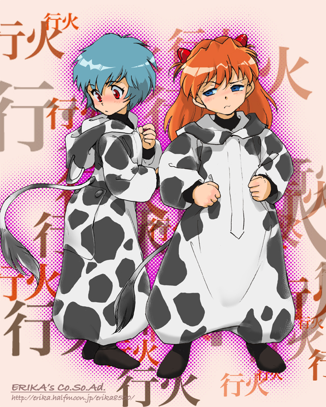 shibata masahiro, ayanami rei, souryuu asuka langley, neon genesis evangelion, 00s, 2009, 2girls, animal costume, animal print, blue eyes, blue hair, cow costume, cow girl, cow print, cow tail, disgust, female focus, long hair, multiple girls, new year, orange hair, red eyes, short hair, tail