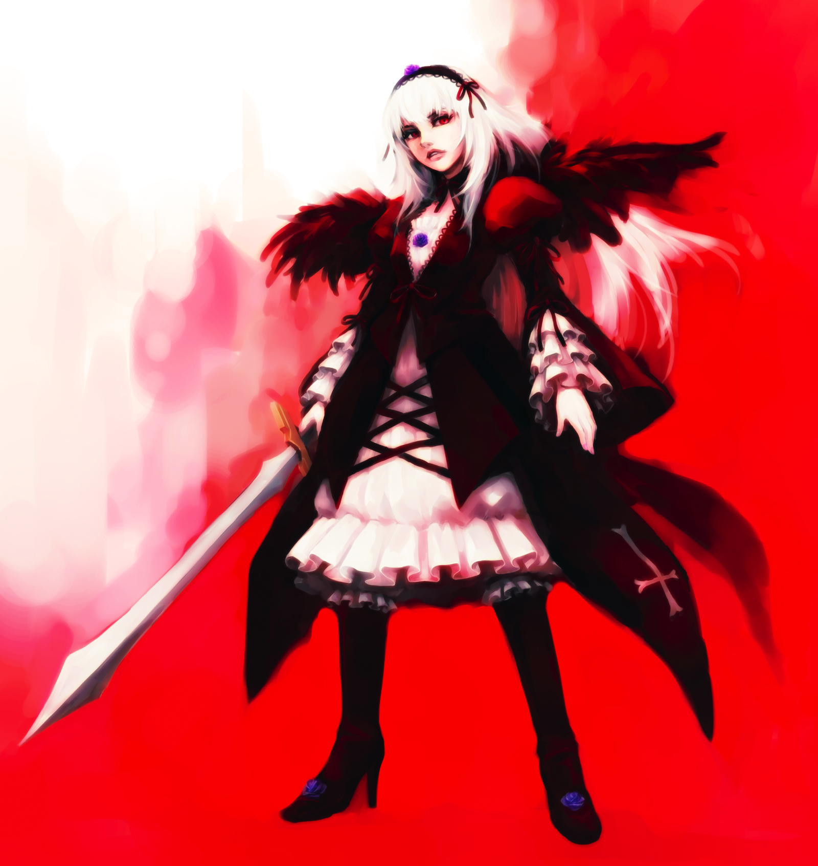hironox, suigintou, rozen maiden, highres, 00s, dress, hairband, high heels, red eyes, shoes, solo, standing, sword, weapon, white hair, wings