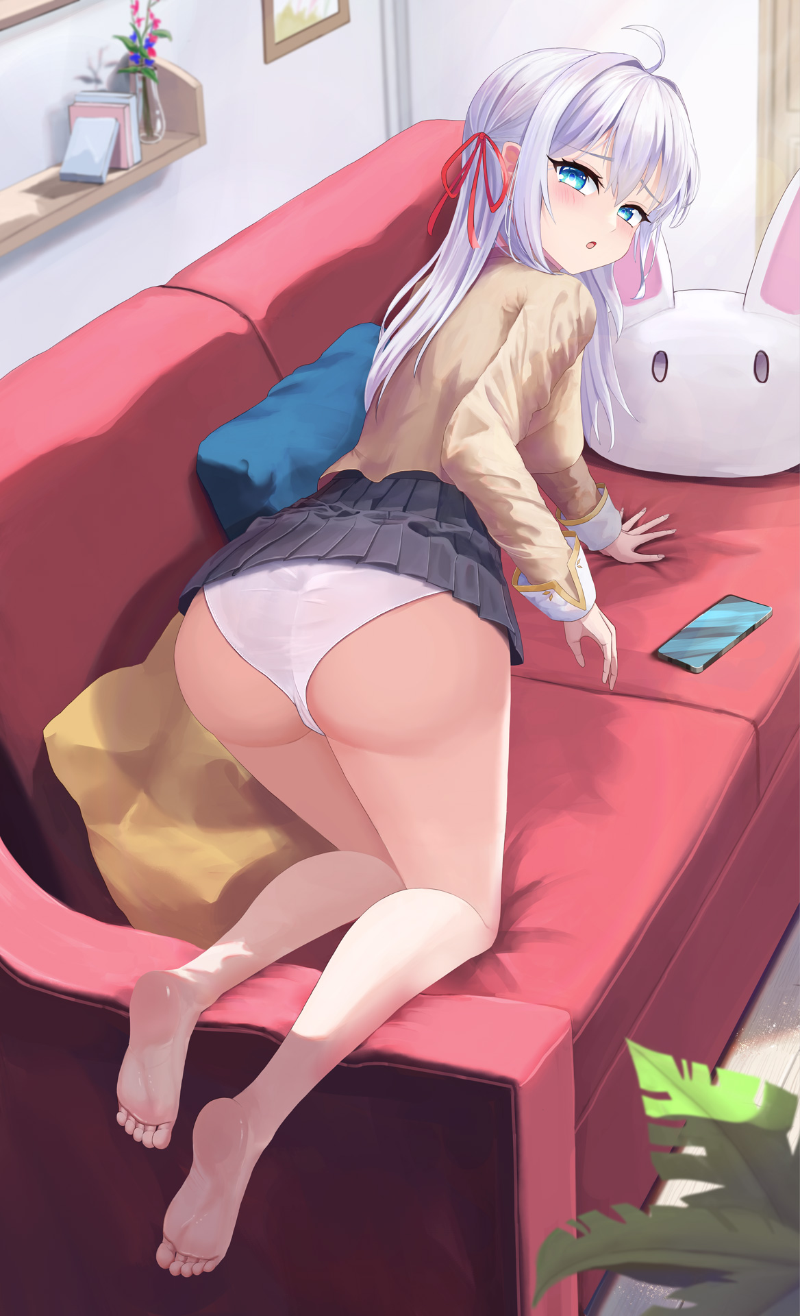 alisa mikhailovna kujou, tokidoki bosotto roshia-go de dereru tonari no alya-san, commentary, highres, variant set, 1girl, :o, ahoge, all fours, ass, bare legs, barefoot, black skirt, blue eyes, blush, cellphone, clothes lift, couch, dutch angle, eyelashes, feet, from behind, full body, furrowed brow, hair between eyes, hair intakes, hair over shoulder, hair ribbon, indoors, legs, long hair, long sleeves, looking at viewer, looking back, on couch, open mouth, panties, phone, pleated skirt, red ribbon, ribbon, shirt, sidelocks, skirt, skirt lift, smartphone, soles, solo, straight hair, thighs, toes, underwear, user 3504221, white hair, white panties, yellow shirt