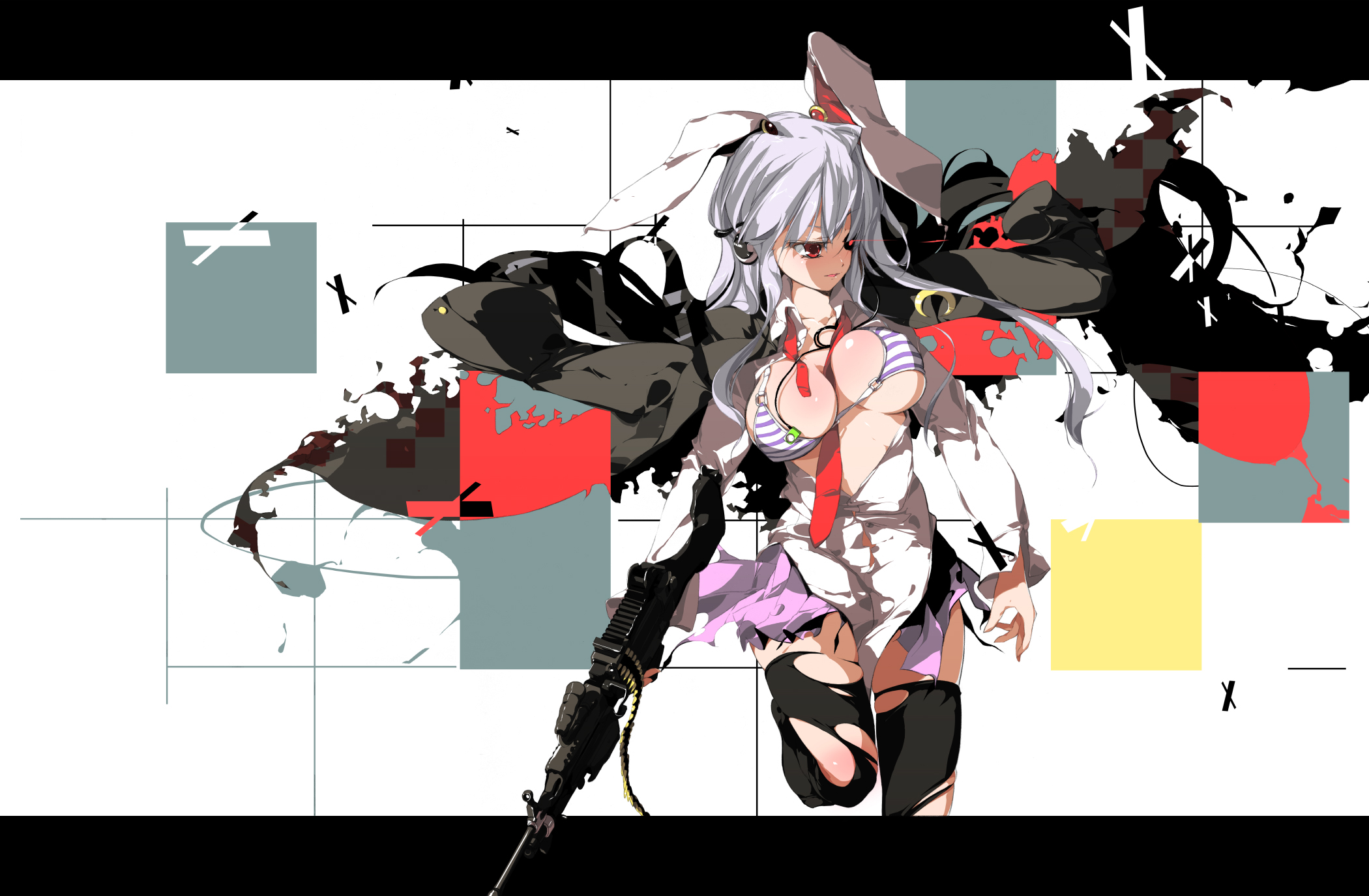 sakura sora, reisen udongein inaba, touhou, bad id, bad pixiv id, highres, 1girl, animal ears, bikini, bikini top only, breasts, cleavage, female focus, gun, headphones, large breasts, letterboxed, necktie, open clothes, open shirt, rabbit ears, red eyes, rifle, shirt, solo, striped bikini, striped clothes, swimsuit, thighhighs, torn clothes, torn thighhighs, weapon