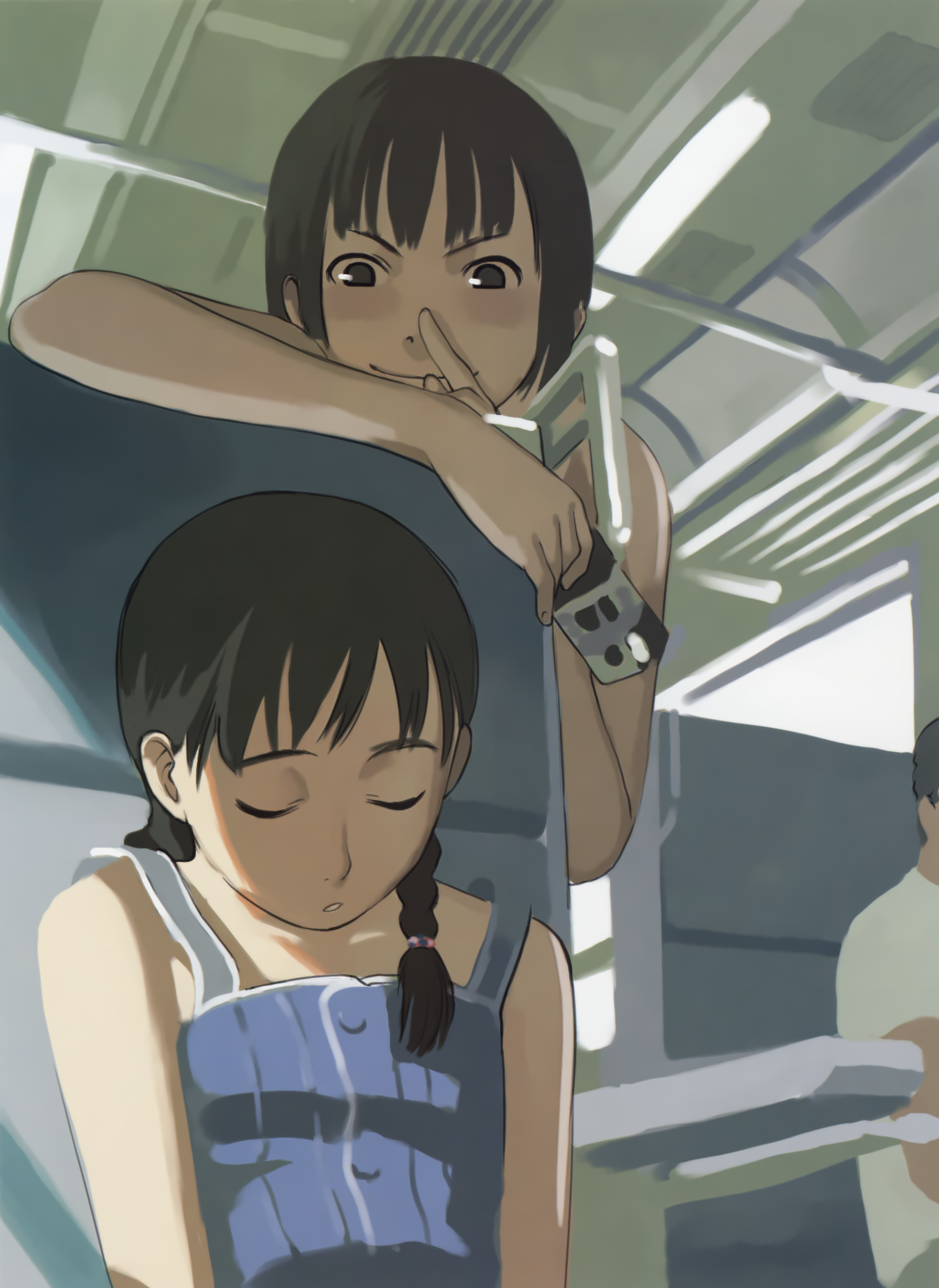 takamichi, vehicle, highres, brown eyes, brown hair, bus, bus interior, closed eyes, dress, motor vehicle, short hair, sleeping