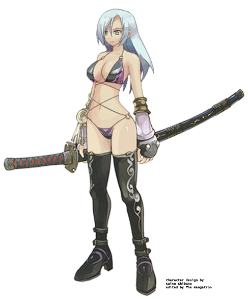 shibano kaito, ayano (luminous arc), luminous arc, luminous arc 2, silver hair, official art, third-party edit, 1girl, bare shoulders, bikini, black thighhighs, boots, breasts, cleavage, detached sleeves, female focus, fingerless gloves, gloves, grey eyes, high heel boots, high heels, hip focus, huge weapon, katana, large breasts, long hair, navel, sheath, shoes, simple background, smile, solo, standing, swimsuit, sword, thigh boots, thighhighs, weapon, white background