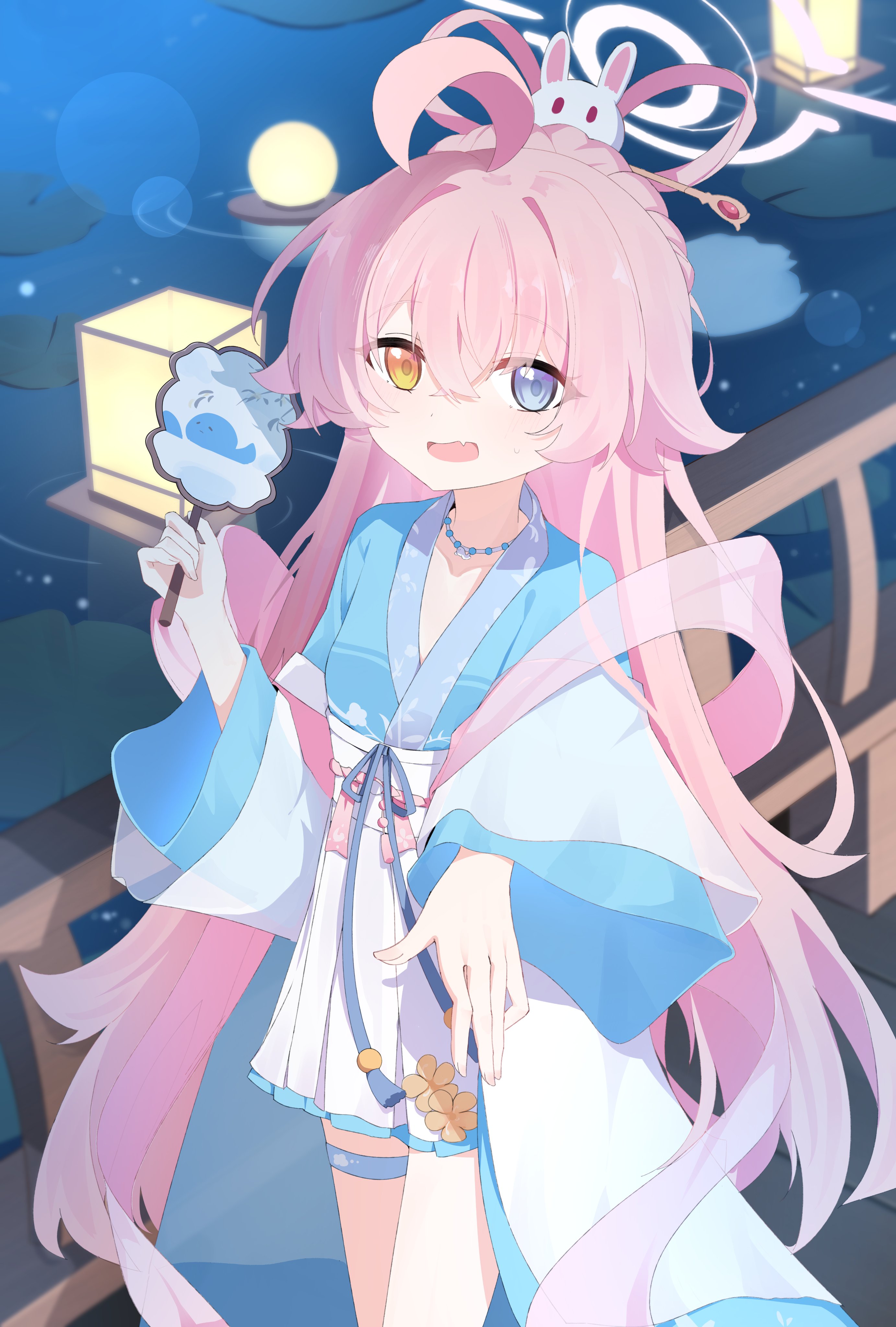 zizhucan, hoshino (blue archive), blue archive, absurdres, highres, 1girl, ahoge, alternate costume, blue eyes, blush, chinese clothes, crossed bangs, fang, full moon, hagoromo, hair between eyes, hair ornament, halo, hand fan, hanfu, heterochromia, holding, holding fan, huge ahoge, japanese clothes, lantern, long hair, long sleeves, looking at viewer, moon, open mouth, paper fan, paper lantern, pink hair, pink halo, pleated skirt, rabbit hair ornament, sash, shawl, skin fang, skirt, smile, solo, thigh strap, uchiwa, white skirt, wide sleeves, yellow eyes