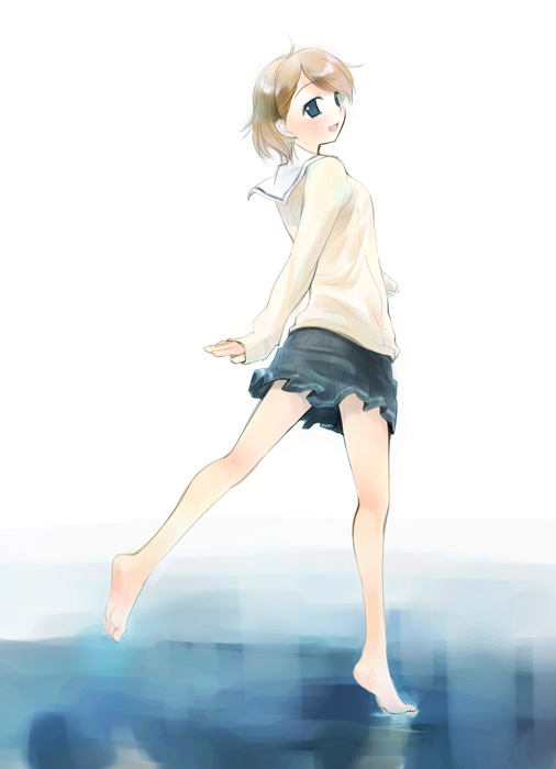 ikeda jun (mizutamari), original, 1girl, barefoot, blonde hair, feet, female focus, full body, looking back, short hair, soles, solo, toes, water