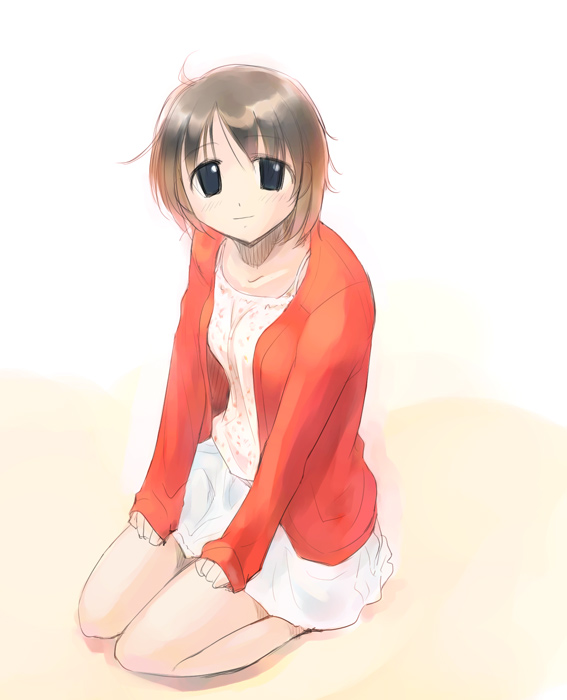 ikeda jun (mizutamari), original, ahoge, blouse, looking up, seiza, shirt, short hair, sitting, skirt, solo