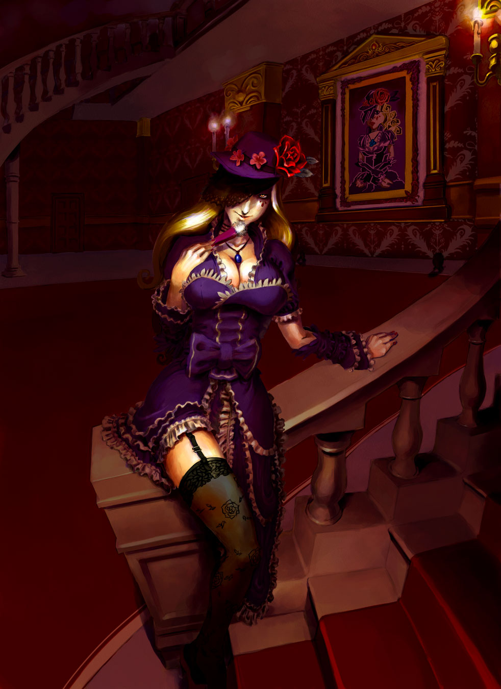 tokage no shippo, pandora (latale), latale, lace-trimmed legwear, highres, 1girl, arm support, black thighhighs, blonde hair, bow, breasts, candle, cleavage, detached sleeves, dress, female focus, flower, folding fan, frills, garter belt, garter straps, goth fashion, hand fan, hat, jewelry, lace, lace trim, large breasts, legs, lolita fashion, long hair, mansion, naughty face, necklace, orange eyes, painting (object), pendant, rose, sitting, smile, solo, stairs, thighhighs, zettai ryouiki