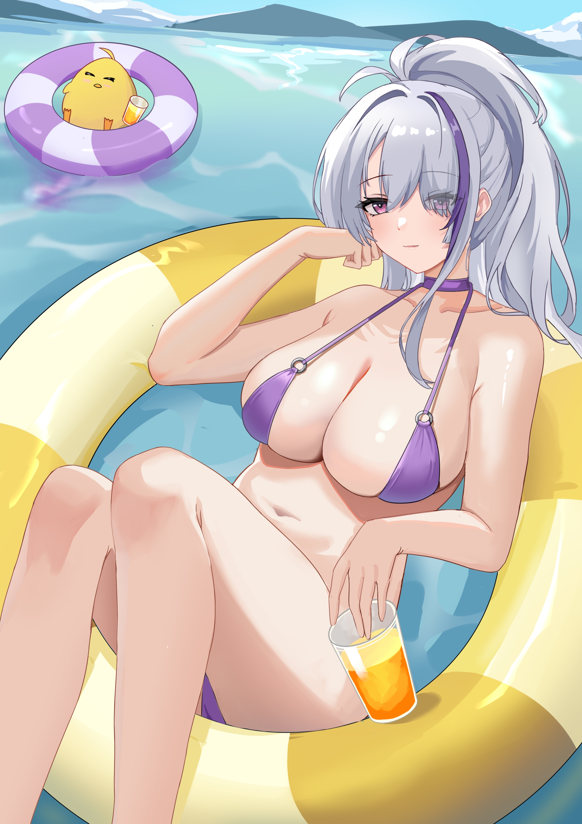 jie lian, manjuu (azur lane), unzen (azur lane), unzen (sojourn through clear seas) (azur lane), azur lane, absurdres, commentary request, highres, 1girl, bare shoulders, bikini, breasts, choker, cleavage, collarbone, cup, eyes visible through hair, feet out of frame, grey hair, hair over one eye, holding, holding cup, innertube, large breasts, long hair, looking at viewer, mountainous horizon, multicolored hair, o-ring, o-ring bikini, ocean, official alternate costume, outdoors, ponytail, purple bikini, purple choker, purple eyes, purple streaks, solo, streaked hair, swim ring, swimsuit, water