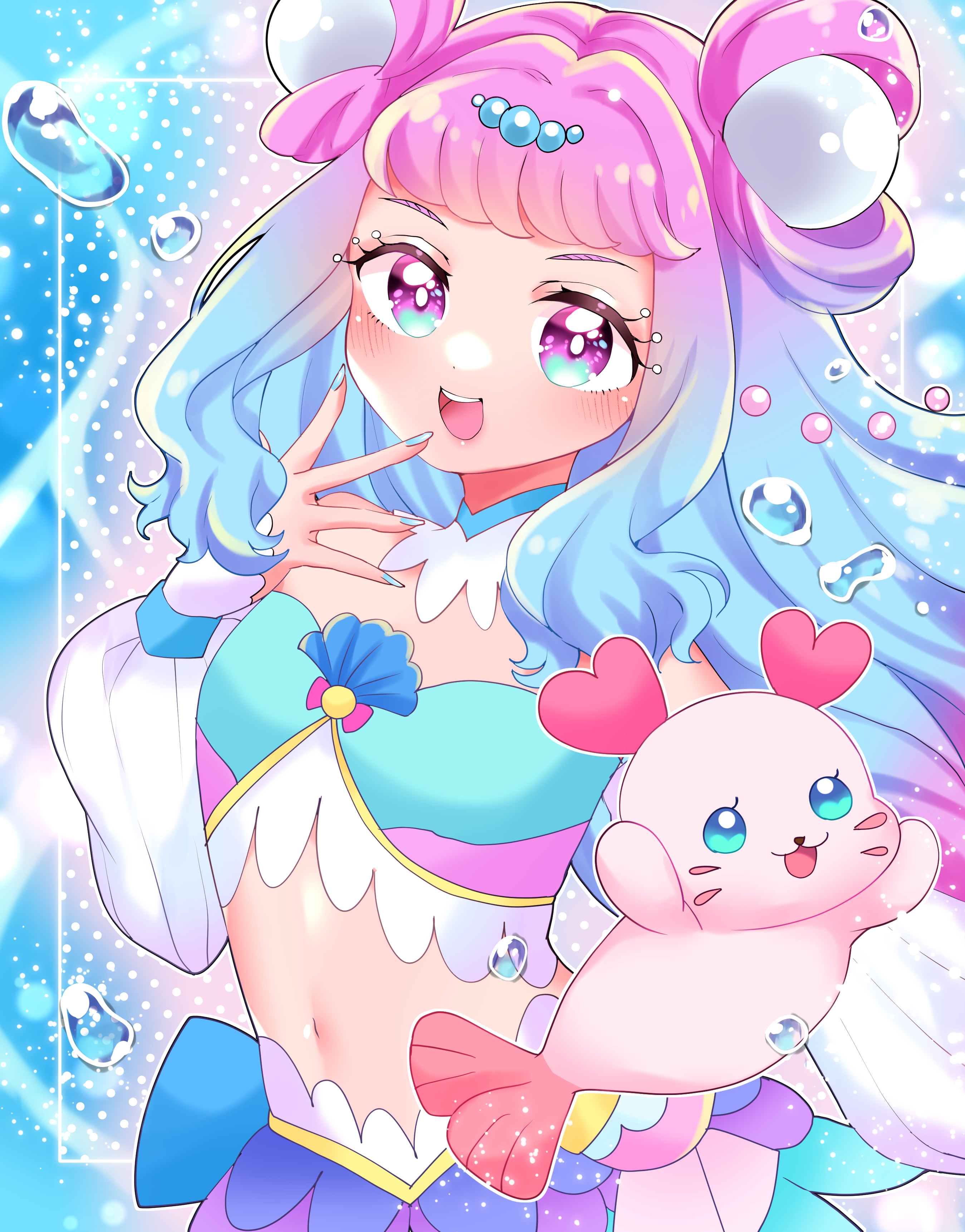 gateau scr, cure la mer, kururun (precure), laura la mer, precure, tropical-rouge! precure, absurdres, highres, 1girl, 1other, aqua eyes, aqua hair, aqua nails, blush, breasts, crop top, detached sleeves, gradient eyes, gradient hair, long hair, long sleeves, looking at viewer, medium breasts, multicolored eyes, multicolored hair, navel, open mouth, pearl hair ornament, pink eyes, pink hair, smile, stomach, teeth, underwater, upper teeth only, white sleeves