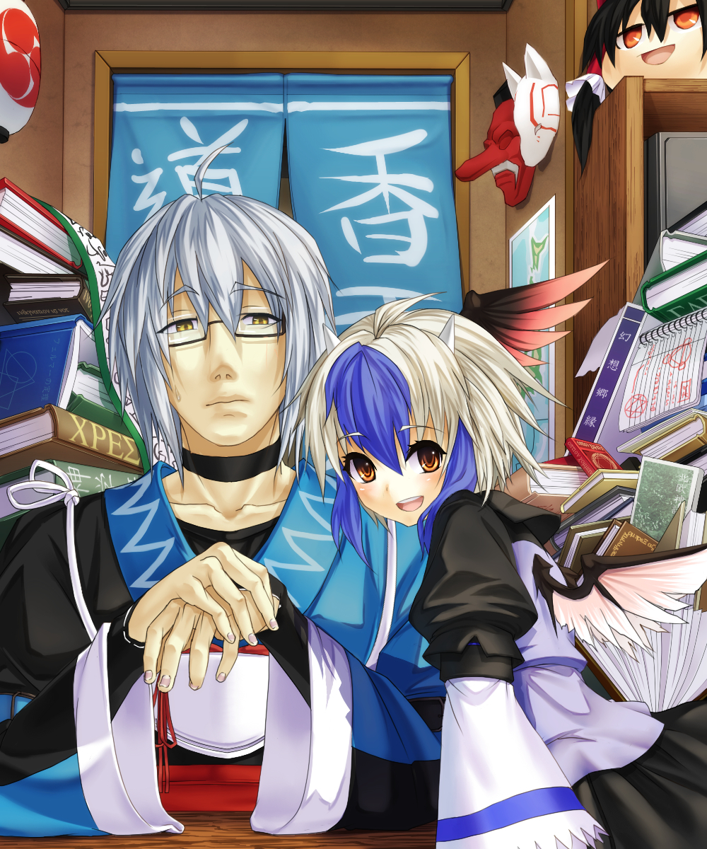 eho (icbm), kaiho, morichika rinnosuke, tokiko (touhou), curiosities of lotus asia, touhou, silver hair, bad id, bad pixiv id, highres, 1boy, 2girls, ahoge, book, dress, fox mask, glasses, head wings, horns, indoors, kourindou, map, mask, messy room, multicolored hair, multiple girls, nail polish, raised eyebrows, scroll, sweatdrop, upper body, wings, yellow eyes, yukkuri shiteitte ne