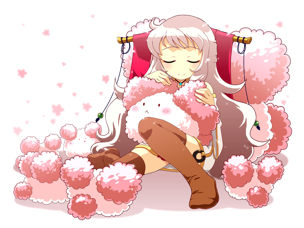 vodnik, iris (latale), shaggy (latale), latale, silver hair, artist request, 1girl, :<, blush, brown thighhighs, closed eyes, cuddling, detached sleeves, jewelry, long hair, necklace, sitting, sleeping, smile, solid oval eyes, star (symbol), star necklace, thighhighs, very long hair, white background, wide sleeves