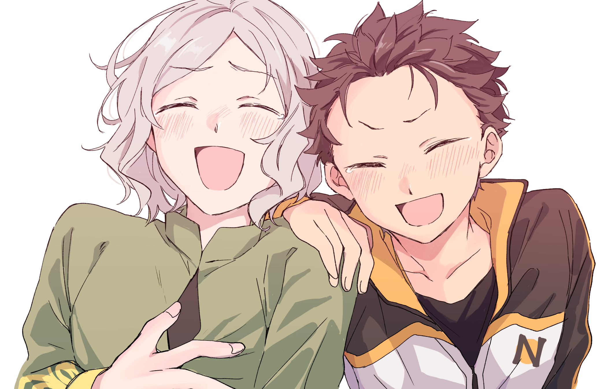 natsuki subaru, otto suewen, re:zero kara hajimeru isekai seikatsu, highres, 2boys, black hair, blush, closed eyes, collarbone, green shirt, hand on own chest, holding, kotake0714, laughing, multiple boys, open mouth, shirt, sportswear, white background, white hair