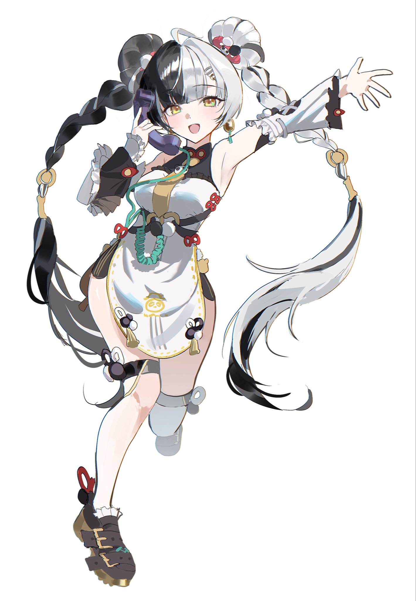 zenless zone zero, highres, 1girl, bare shoulders, black hair, blush, braid, breasts, china dress, chinese clothes, detached sleeves, dialyn (zenless zone zero), dodosaae, dress, earrings, frilled sleeves, frills, hair ornament, hairclip, holding, holding phone, jewelry, long hair, looking at viewer, medium breasts, multicolored hair, necktie, open mouth, panda hair ornament, phone, red nails, solo, split-color hair, teeth, tongue, twin braids, twintails, white background, white dress, white hair, wire, yellow eyes, yellow necktie