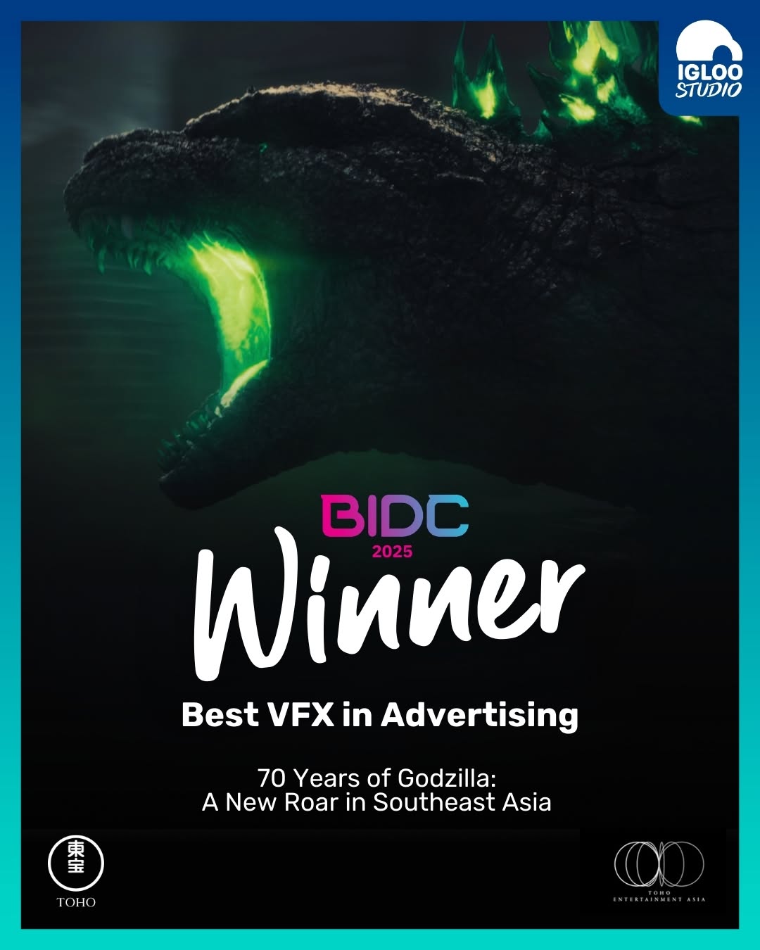 godzilla, 70 years of godzilla: a new roar in southeast asia, godzilla (series), igloo studio, toho, highres, official art, anniversary, congratulations, dinosaur, energy, english text, glowing, glowing eyes, glowing mouth, glowing spikes, green eyes, kaiju, monster, night, no humans, open mouth, overcast, poster (medium), roaring, sharp teeth, sky, spikes, storm cloud, teeth, tongue