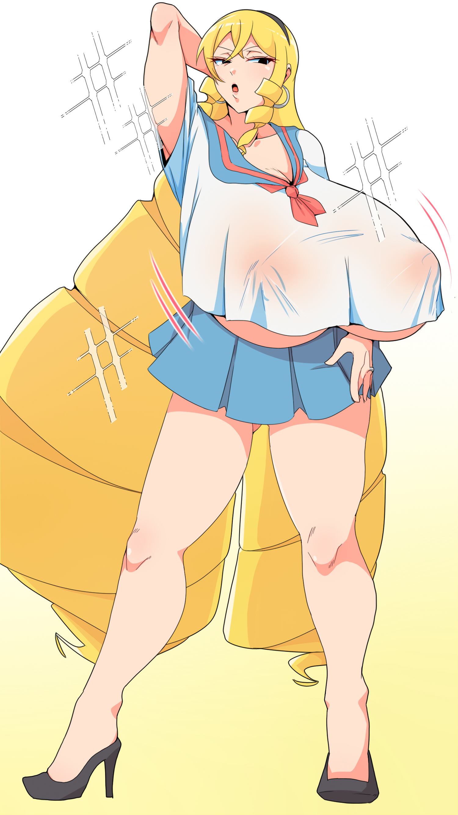 gokinezura, kaneda mochiko, mount celeb kaneda-san, 1girl, black hair, blonde hair, breasts, covered erect nipples, drill hair, female focus, full body, huge breasts, looking at viewer, miniskirt, school uniform, skirt, solo, standing, twin drills, underboob